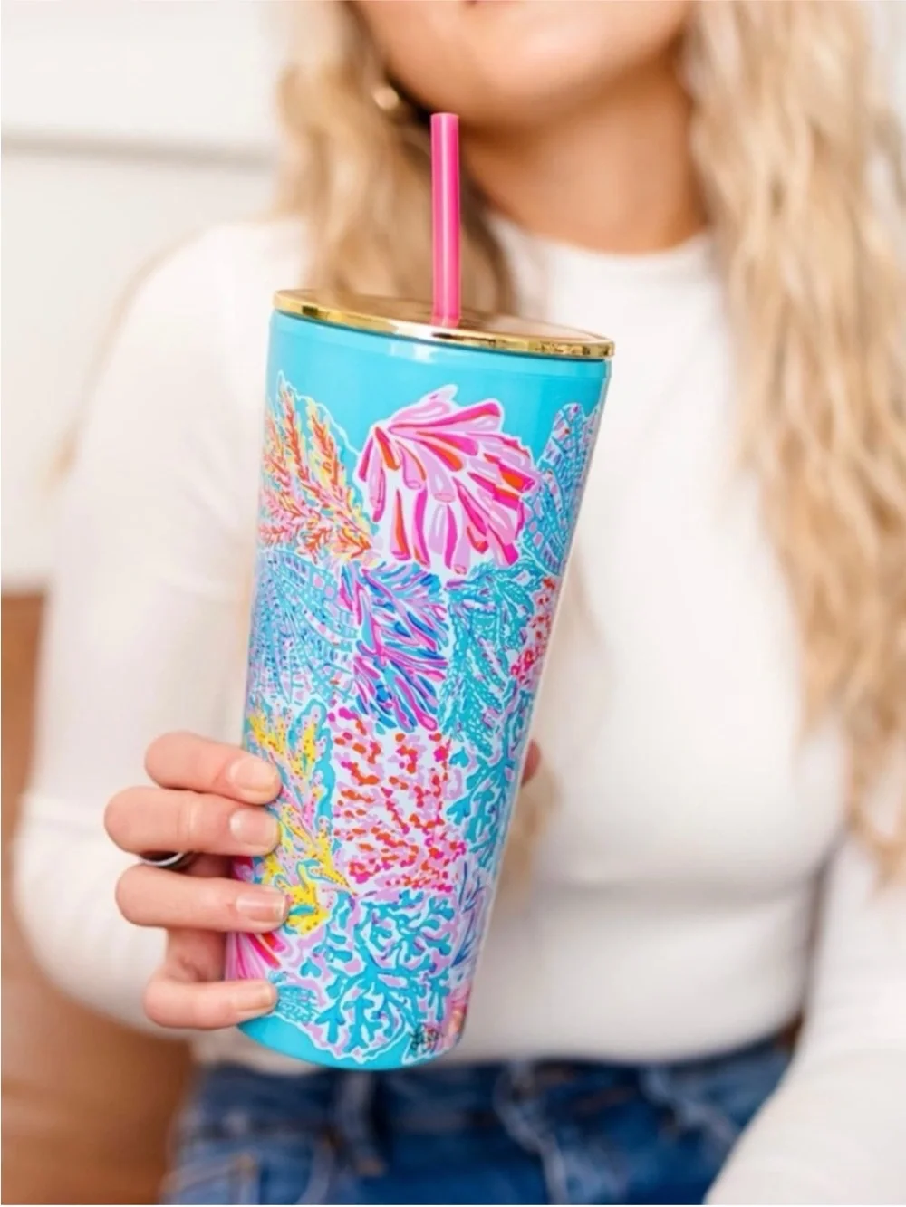 Lilly Pulitzer Splashdance 24oz Insulated Tumbler Cup Gold Lid Straw BNIB